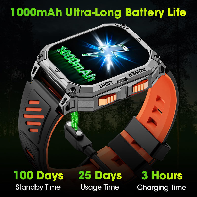 Smart Watches for Men, 2.01" HD Military Smart Watch with 1000mAh High-Capacity Battery/Led Flashlight/Answer/Make Call/Heart Rate/Sleep Monitor/Step Tracker, Fitness Tracker for Android/iPhone Orange