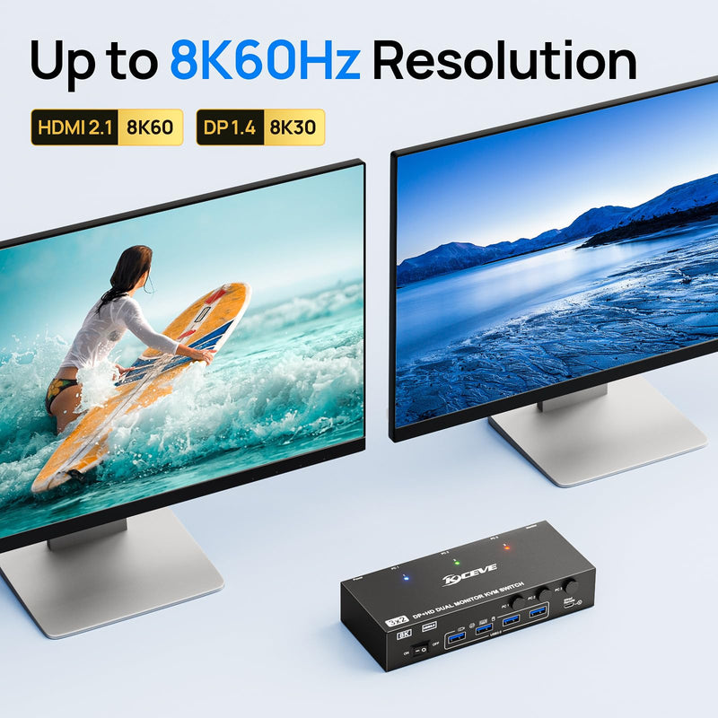KVM Switch 2 Monitors 3 Computers HDMI + DisplayPort, KCEVE USB 3.0 DP KVM Switcher, 8K@30Hz/4k@144Hz Dual Monitor DP KVM for 3 PC Share 2 Display and 4 USB 3.0 Devices Black 17.1 CM 3x2 kvm switch dp+hdmi