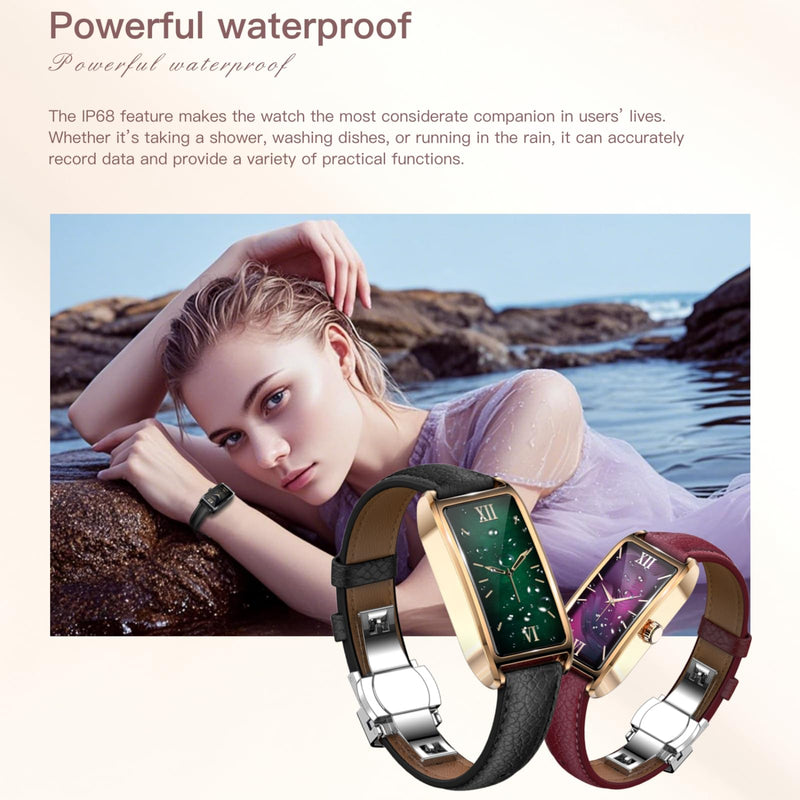 Amoled Laies Smart Watch for Women Smartwatch with Leather Strap Heart Rate Stress Sleep Monitor 12 Sports Modes Fitness Tracker Watch Notifications Music & Camera Control Waterproof iOS Android Blue & Gold