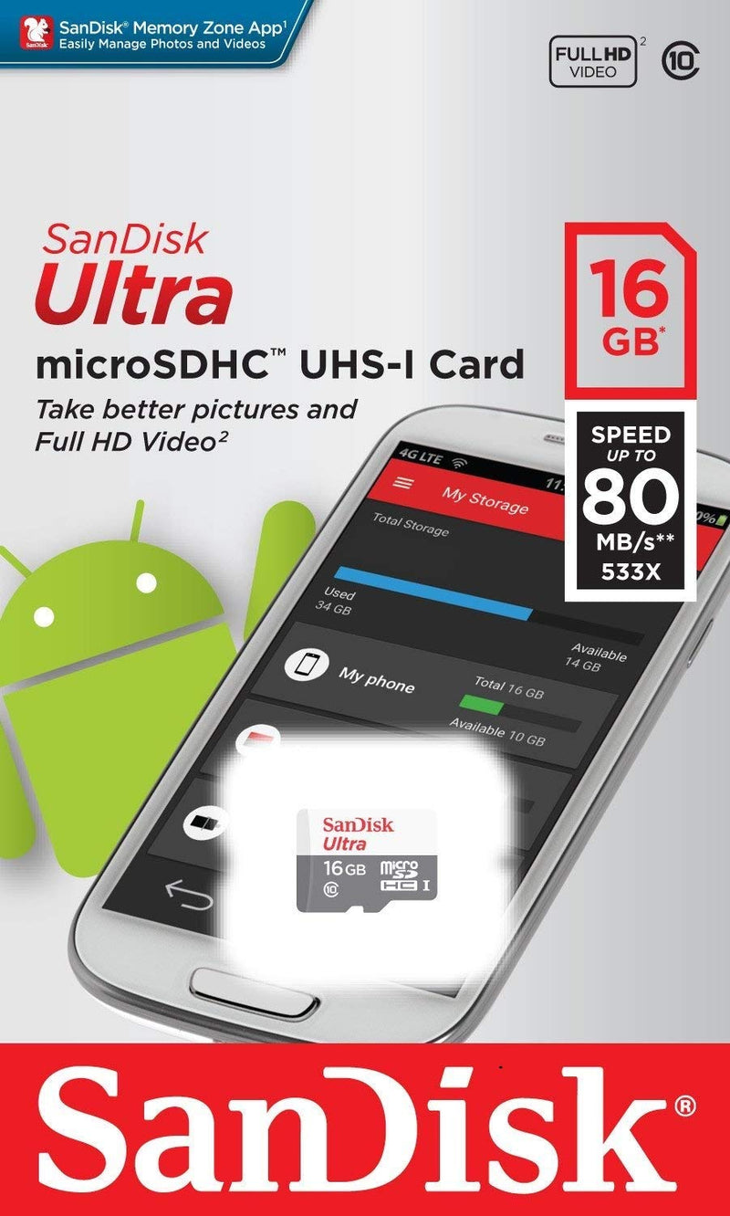SanDisk Micro SDHC Ultra (5 Pack) MicroSD TF Flash Memory Card 16GB 16G Class 10 SDSQUNB-016G Bundle with Everything But Stromboli Memory Card Reader
