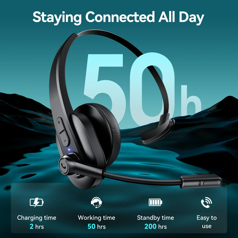 Sarevile Bluetooth Headset with USB Dongle for Computer, Single-Ear Wireless Headset with Noise Cancelling Microphone for Office & Truckers, Bluetooth V5.2 with Mute Button for Work Black