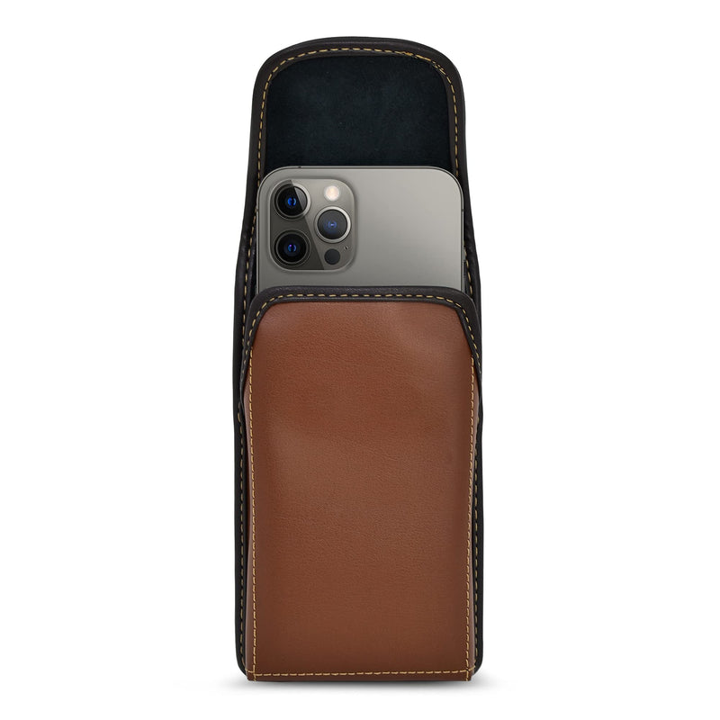 Turtleback Brown Belt Case for iPhone 16 Pro, 16e, 15 Pro, 14 Pro, 13 - Small – Fits Slim Thin Style Cases, Vertical Holster Leather Pouch with Heavy Duty Rotating Belt Clip, Vertical - Leather w/ Metal Clip