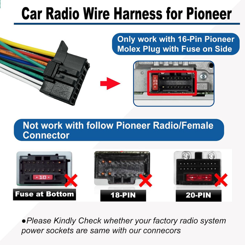 16 Pin Pioneer Wiring Harness Radio Stereo Connector for Aftermarket Radio Wire Harness Replacement for Pioneer DEH AVH AVIC MVH FH SPH Pioneer Stereo Power Plug for AVH-120BT AVH-1500NEX AVH-200EX