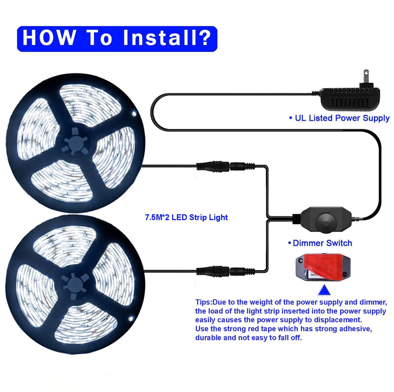 [AUSTRALIA] - 50ft White Led Strip Lights, 12V Outdoor Strip Lights Waterproof Flexible Led Light Strip Indoor Plug in Cuttable SMD2835 Dimmable Led Strip Light for Bedroom Cabinet Kitchen TV Hallway Daylight White 50FT With Adapter 