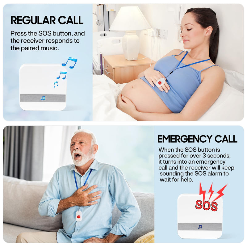 Caregiver Pagers Wireless Call Button for Elderly Patient Personal in Home Life Alert System for Seniors Range 260ft/80Menter,60 Ringtones (3 Call Buttons + 2 Receivers) 3 call buttons + 2 receivers