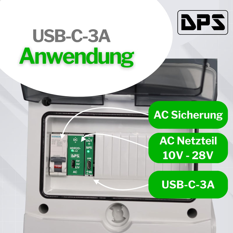 DPS - DIN Rail Power Supply 5 V 3 A 15 W USB-C 10 V-28 V | 5.2 V DC DC USB C Step Down Power Supply for Smart Home, Smart Meter, Tablet, Pi USB-C-3A