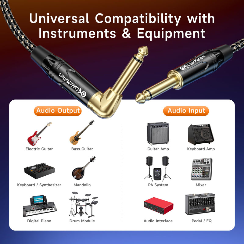 Cable Matters Braided 2-Pack 1/4 Inch TS Right Angle Electric Instrument Cable - 10 Feet Straight to Right Angle, Compatible with Guitar, Bass, Amp, Mixer, Equalizer 10 ft