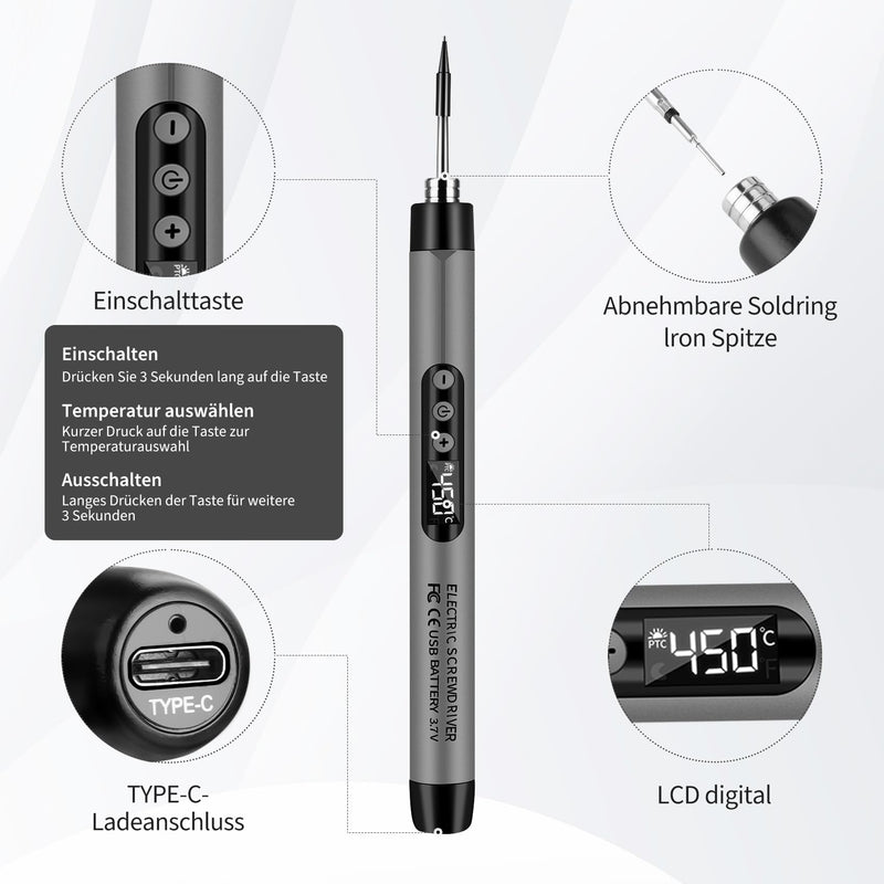 [AUSTRALIA] - KKMOL Battery Soldering Iron Set, USB Rechargeable Soldering Iron with LCD, Temperature Adjustable 330 °C - 450 °C, 3 Soldering Tips, Soldering Wire, Soldering Paste, Professional Safe Complete Gray 