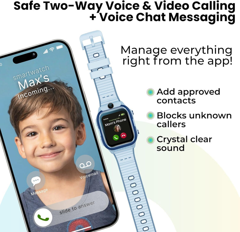 Kids Smart Watch Safe First Phone Watch, Kids GPS Tracker Watch, Video & Voice Calling, Parental Controls, School Mode, SOS & Safety Alerts for Boys & Girls Ages 3-12 (Blue) Blue