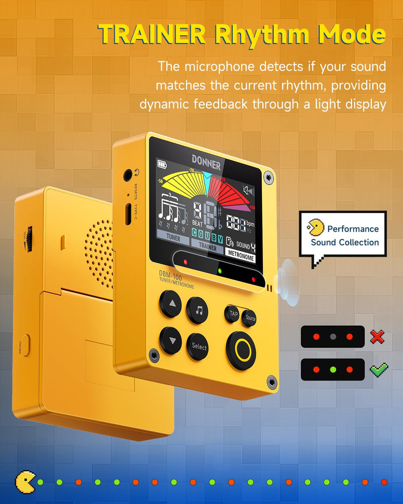 Donner Metronome Tuner, Rechargeable 3 In 1 Digital Metronome with Trainer Rhythm Mode, Tone Generator Tuners for Guitar, Bass, Violin, Ukulele, Chromatic, Piano, Flute, All Instruments, Yellow