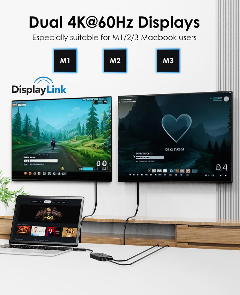 WAVLINK USB 3.0 & USB C to Dual HDMI Adapter 4K@60Hz for Dual Monitor, DisplayLink USB C HDMI Adapter for Apple Mac M1-M5/Macbook Neo, Windows 10/11, ChromeOS (No Linux/iPad/iOS/HDCP), Driver Required USB to Dual HDMI 4K