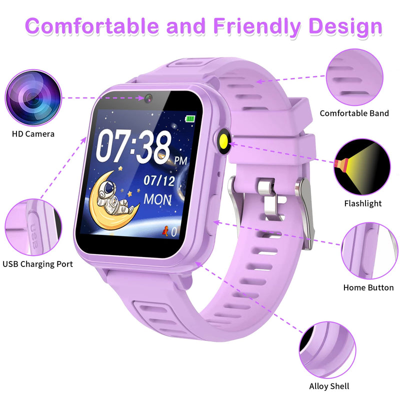 Phyulls Kids Smart Watch Gift for Girls Age 4-12, HD Touch Screen Kids Watches with Video Camera Music Player Pedometer Flashlight 12/24 hr Educational Toys Birthday Gifts for Girls Ages 6 7 8 9 10