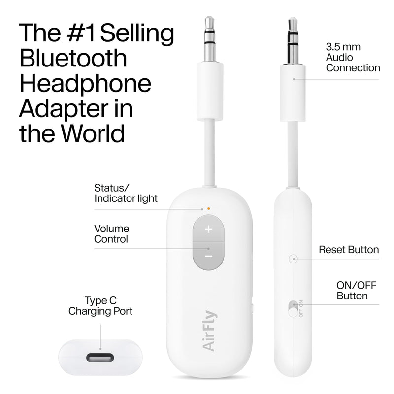 [AUSTRALIA] - Twelve South AirFly SE | Bluetooth Wireless Audio Transmitter Adapter for AirPods/Headphones, 20+ Hr Battery, Works with 3.5mm aux Jacks on Airplanes, TVs, Gym Equipment, and Travel White 