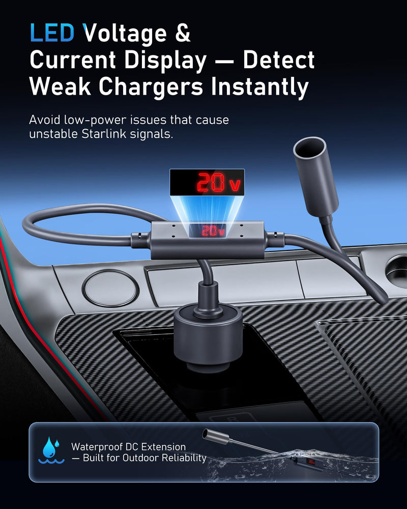 [AUSTRALIA] - Starlink Mini Car Adapter 12V to 20V Step-Up Converter, 60W Car Cigarette Lighter Charger with LED Display, Supports Official 15m & 30m DC Cable, Stable Power for RV Camping, Trucking, Marine Use Converter Version 