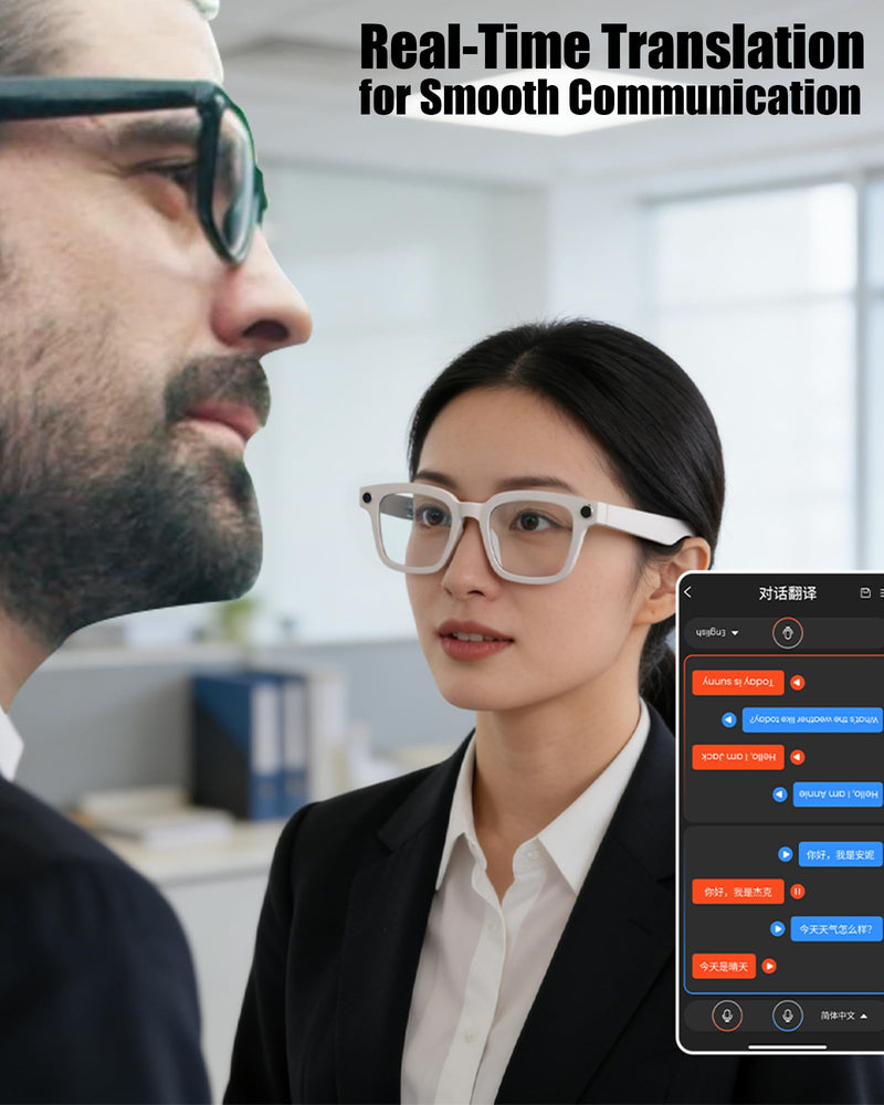AI Smart Glasses with Camera and Realtime Translation (Black +Clear lens) | with HD Camera for Video Photo, Bluetooth and Wifi Transfer, with Microphone for Talk, Light Weight Black +Clear lens