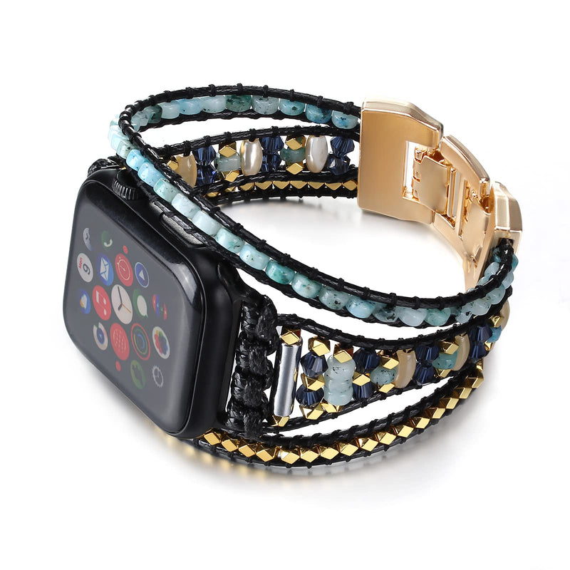 Boho Leather Band Compatible with Apple Watch Band Beaded Bracelet for Women Men 38mm/40mm/41mm, Multilayer Wrap Apple Watch Strap for Iwatch Band Series 8 7 6 5 4 3 2 1 SE Ultra