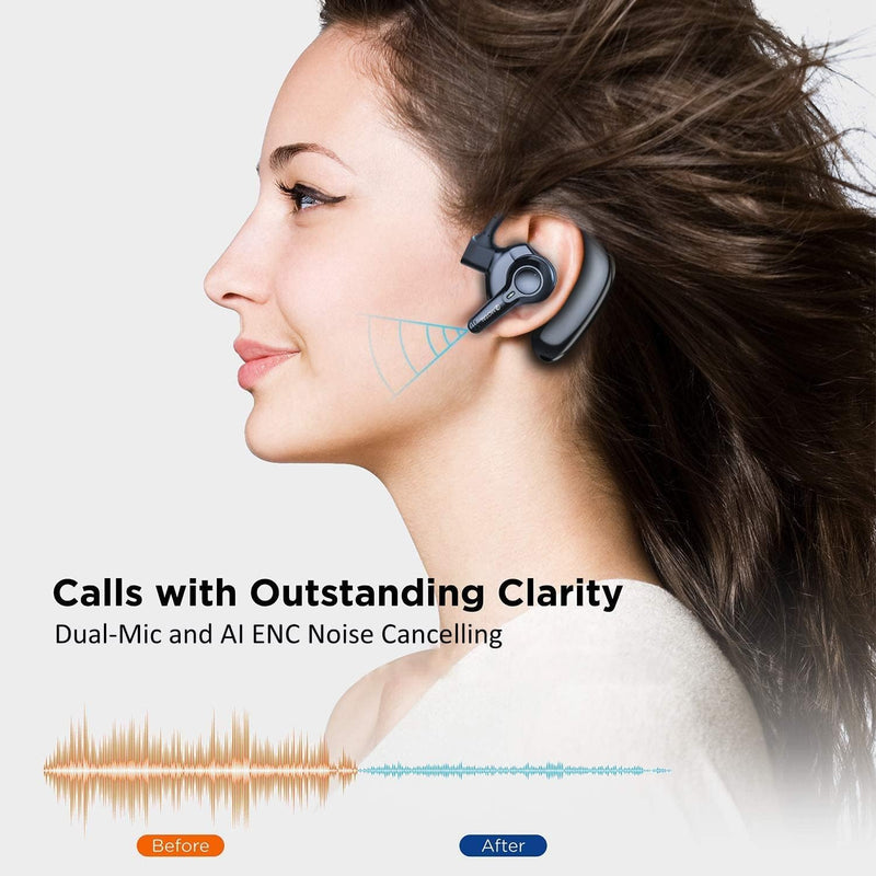 [AUSTRALIA] - emotal Dual-Mic AI Noise Cancelling Bluetooth Headset for Cell Phones, 10 Days Standby 30Hrs HD Talktime Bluetooth Earpiece IPX6 Waterproof Ultralight for Driving/Truckers/Business, Black 