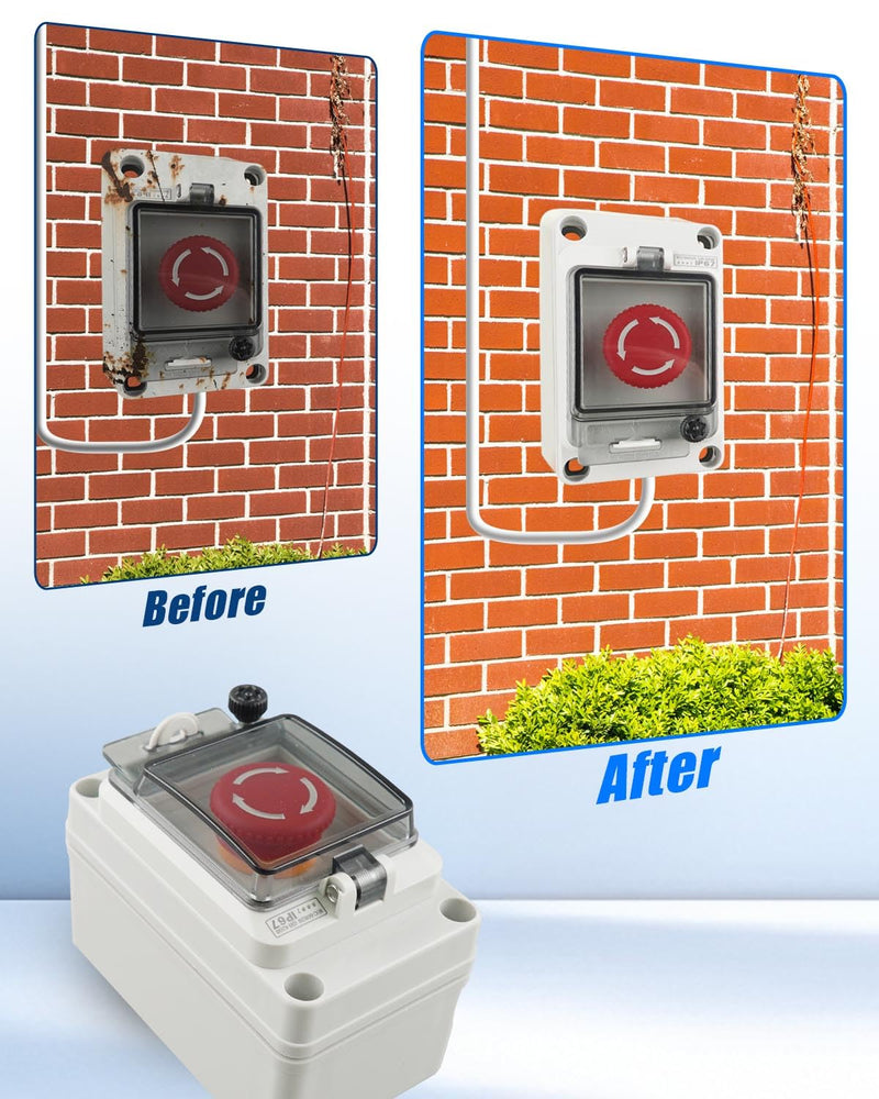 660V 10A Push Button Switch Box, Red Momentary Emergency Stop Button, Shut Off Switch with IP67 Waterproof Protective Cover Red Emergency Stop Only