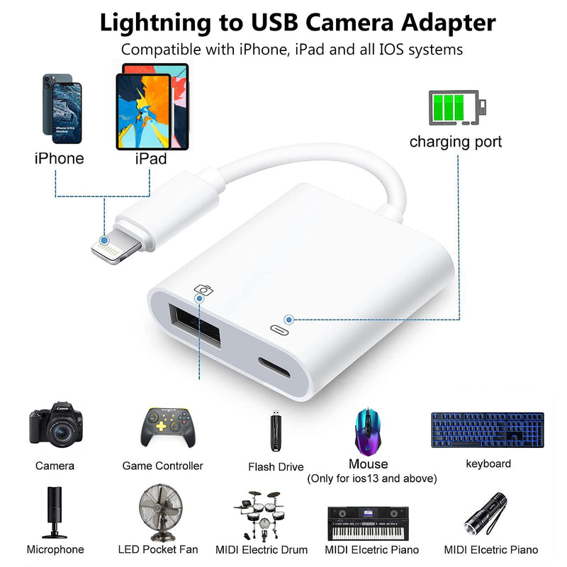 Lightning to USB Camera Adapter for iPhone with Charging Port USB 3.0 Female OTG Cable for iPad to Connect Card Reader USB Flash Drive U Disk Keyboard Mouse Hubs Midi