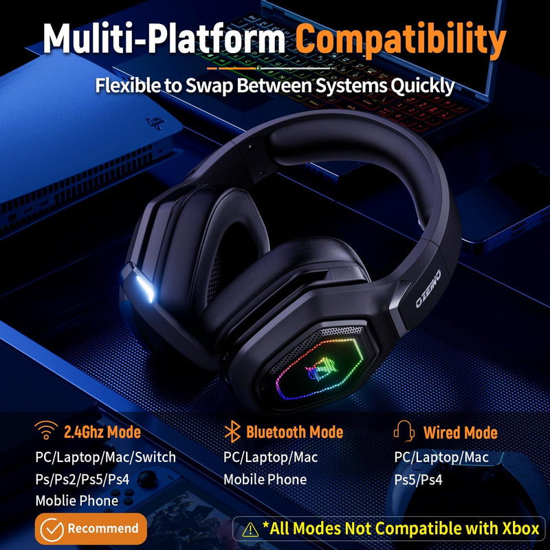 [AUSTRALIA] - Ozeino Wireless Gaming Headset with Flip Microphone, RGB Lighting Gaming Headphones for PS5, PS4, PC - 2.4GHz USB & Type C Transmitter Black 