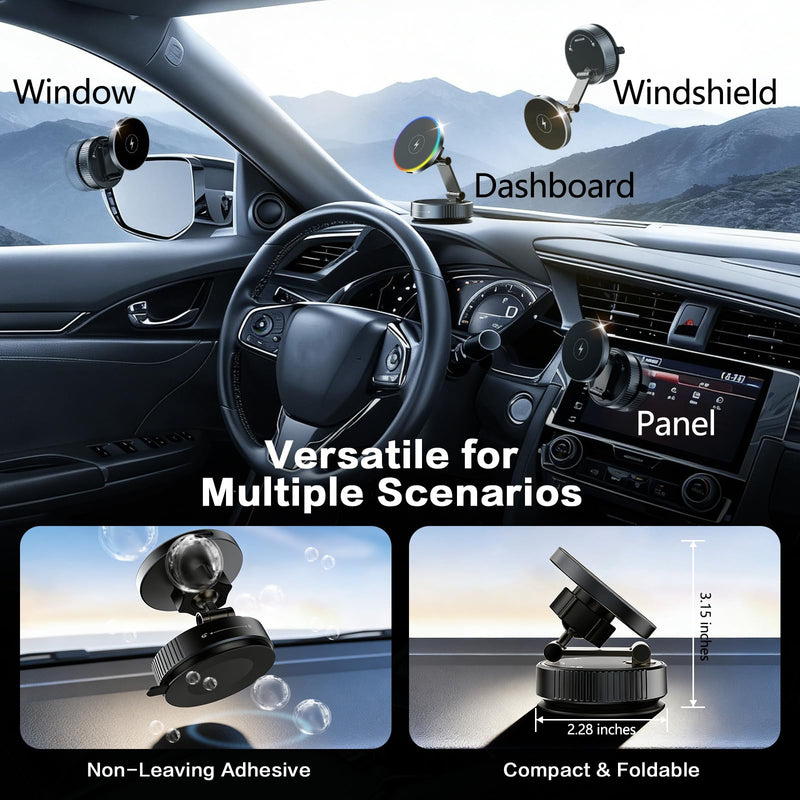 for MagSafe Car Mount Charger, Magnetic Wireless Car Charger | 15W Fast Charging, 120LBS Ultra Suction Cup, 2800gf Magnet, 360° Adjustable Vacuum Magnetic Phone Holder for iPhone & Android