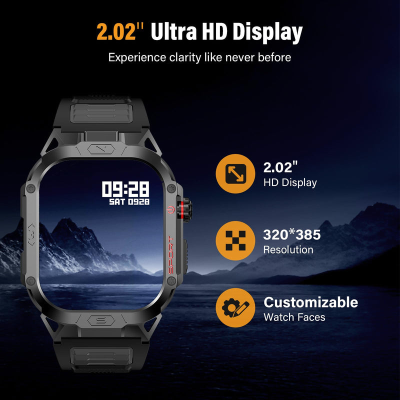 Military Smart Watch for Men, 2.02" Screen, 100+ Sport Modes, Android iOS | Heart Rate Blood Oxygen Blood Pressure Sleep, 100+ Sport Modes Fitness Tracker, Outdoor Sport Smartwatch with Flashlight Black