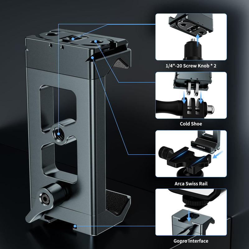 [AUSTRALIA] - Metal Phone Tripod Mount Arca Port & Action Camera Adapter, Adjustable Smartphone Tripod Adapter Clamp Cell Phone Stand Holder Compatible with iPhone Plus PRO Max GoPro Samsung Galaxy Motorola Pixel 