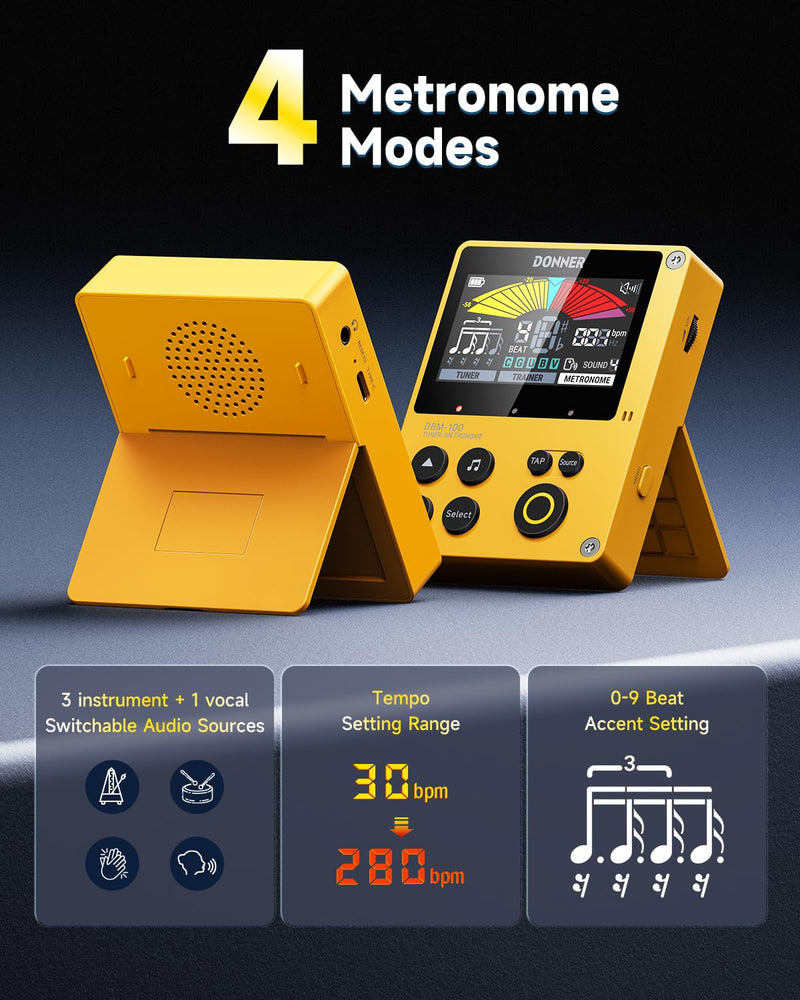 Donner Metronome Tuner, Rechargeable 3 In 1 Digital Metronome with Trainer Rhythm Mode, Tone Generator Tuners for Guitar, Bass, Violin, Ukulele, Chromatic, Piano, Flute, All Instruments, Yellow