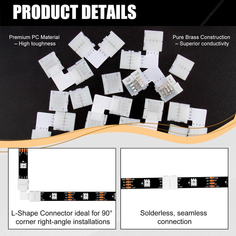 Pack of 20 4-Pin 10 mm LED Connector for SMD 5050 RGB LED Strips, 10 Pieces L-shaped Corner Connector and 10 Pieces LED Strips, Quick Connector, 4-Pin 10 mm RGB Strip Connector Solderless