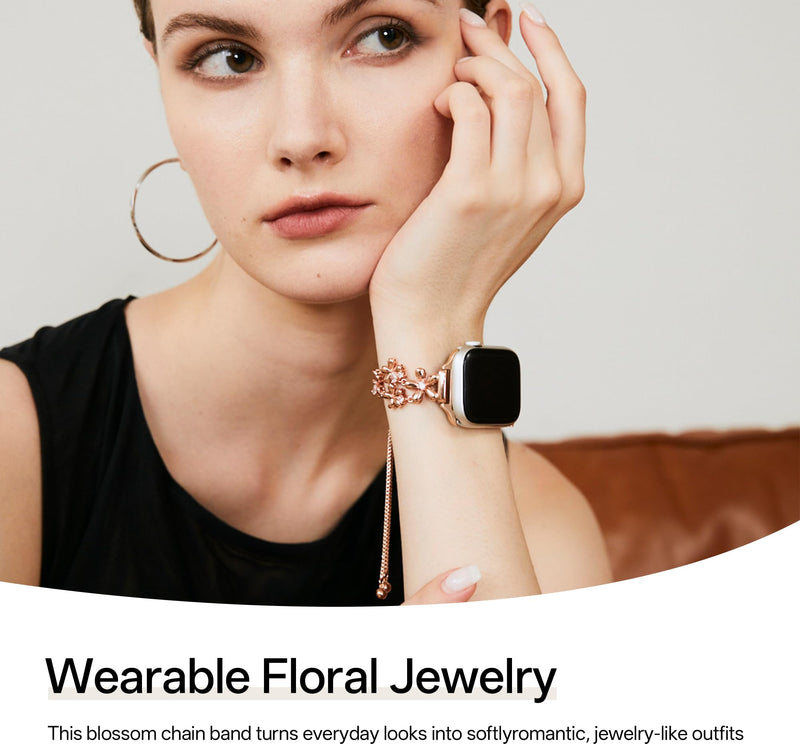 Floral Bloom Copper Watch Band for Women Compatible with Apple Watch 38/40/41/42/44/45/46/49mm for iWatch Series 11/10/9/8/7/6/5/4/3/2/1 SE Ultra1/2/3, Dressy Metal Bracelet Gold 42(Series 10-11)/38/40/41mm