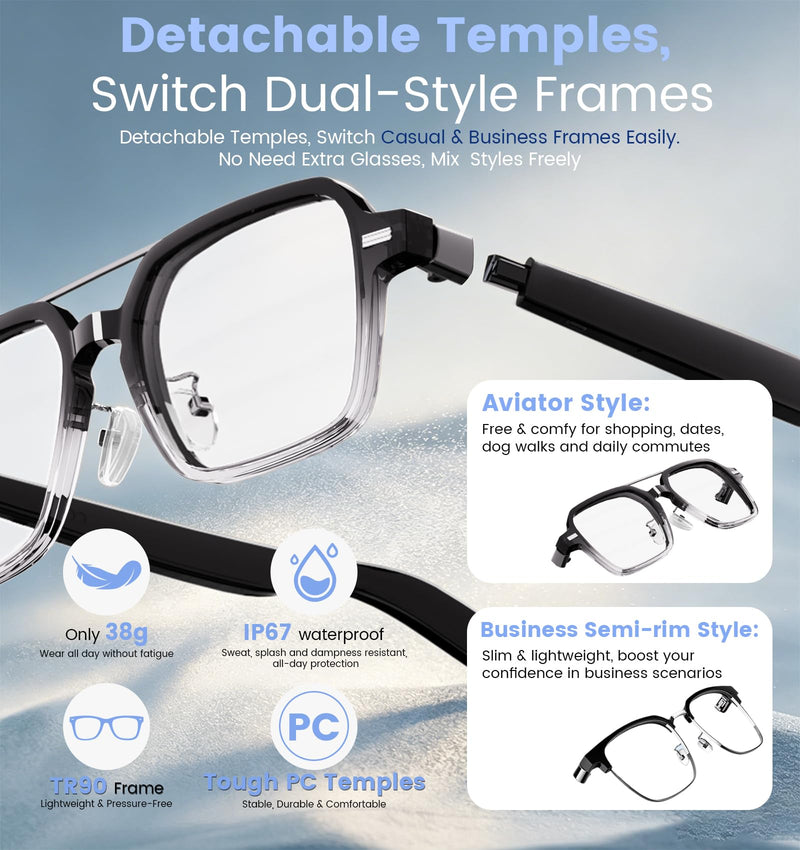 Smart Audio Bluetooth Glasses for Men & Women – Wear-Induction Auto On/Off, Photochromic + Blue Light Blocking Interchangeable Frames, AI Real-Time Translation Smart Sunglasses, Hands-Free Calls Photochromic Lenses+Anti-Bluelight Lenses
