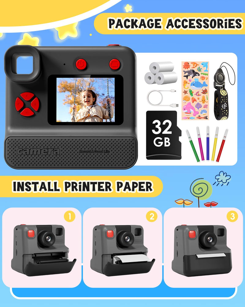 Kids Camera Instant Print, Christmas Birthday Gifts for Toddle Girls Boys Age 3-12, 24MP & 1080P Selfie Digital Camera with 3 Roll No-Ink Print Paper 32G SD Card - Black