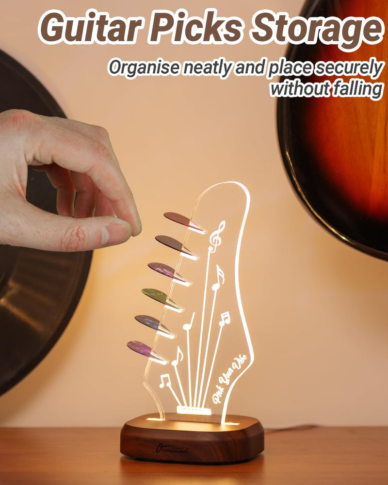 Light Up Guitar Pick Holder with 6 Guitar Picks, Acacia Wood & Acrylic Guitar Headstock Shaped Pick Holder Case for Guitar Pick Storage & Display, Guitar Music Accessories Gift for Guitar Lover Player
