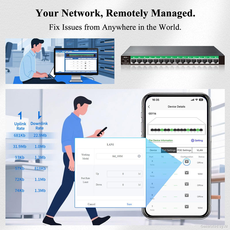STEAMEMO 16-Port Gigabit Managed Switch | Web Smart Ethernet Switch with VLAN & QoS | Fanless Metal Housing | Desktop/Wall Mount | Enterprise Network Switch for Small Business, Home Office 16 ports |Easy Managed