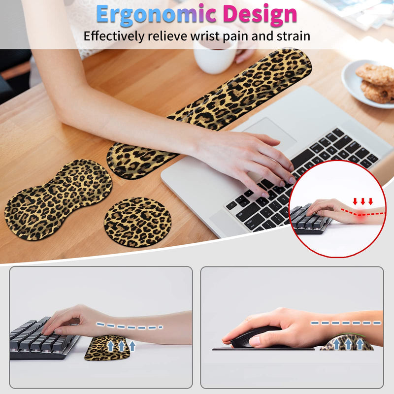 Keyboard Wrist Rest + Mouse Wrist Rest + Coaster Set, Ergonomic Memory Foam Easy Typing Pain Relief, Wrist Support Pad for Keyboard and Mouse Computer Laptop, Leopard