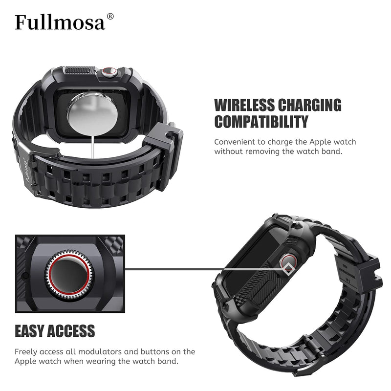 Fullmosa No-Tool Needed Band Compatible Apple Watch Band with Case 41mm 40mm 38mm Silver & Rugged iWatch Band Silicone with Screen Protector and Bumper Case for Men (40mm, Black)