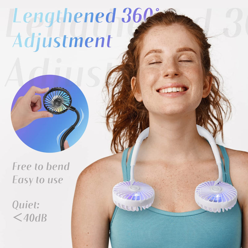 Portable Cooling Neck Fan, Rechargeable USB Personal Neck Fan with Colorful LED lights, 360° Rotation, Wearable Neck Fan Air Conditioner for Office Travel Sport, 3 Adjustable Speeds White