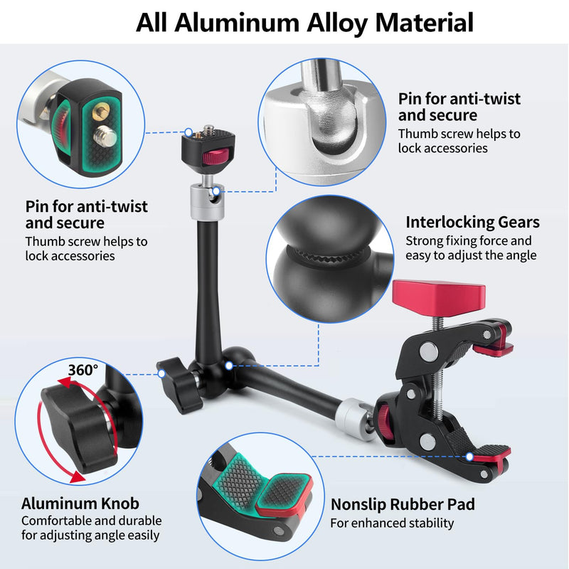 [AUSTRALIA] - HEMMOTOP 11in Magic Arm Camera Mount Clamp, Max. Payload 5.5 LBS Articulating Arm with Anti-Twist Pins, Rotatable Pads, Adjustable Friction Arm for Monitor, LED Light, Camera Video Rig MS02 11 in 
