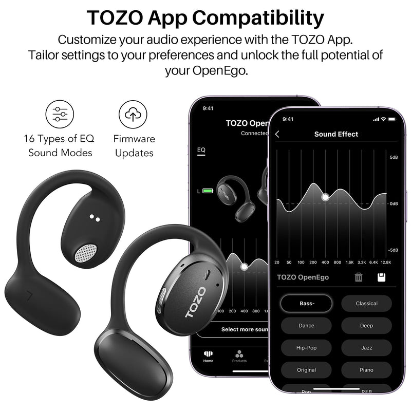 TOZO OpenEgo True Wireless Open Ear Headphone,5.3 Bluetooth Sport Earbuds Black + USB-C to USB-A Charging Cable Black
