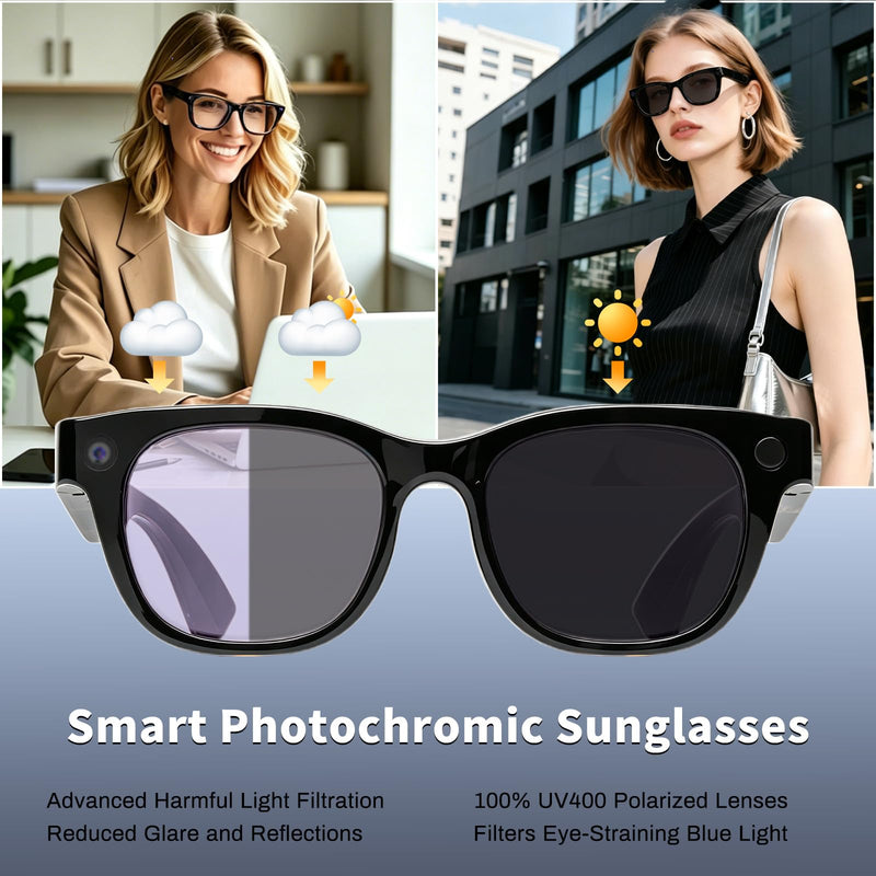 20MP AI Smart Glasses with Camera, High Resolution Photo Video, Photochromic Lens UV400, EIS Stabilization, Voice Assistant ChatGPT, Hands-Free Smart Sunglasses for Vlog, Photochromic Lens