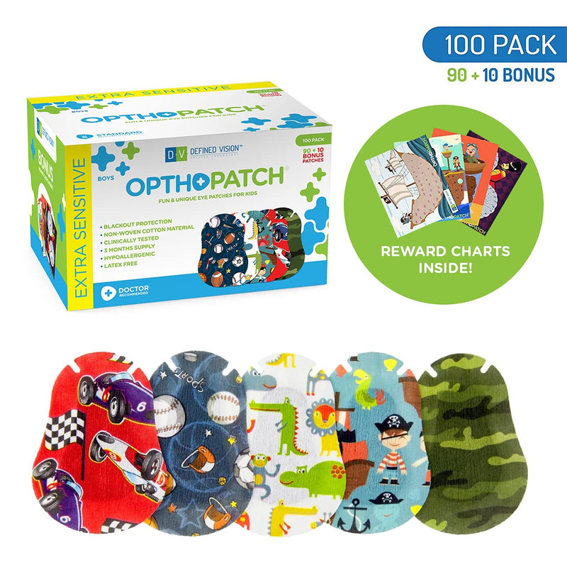 OPTHOPATCH Kids Eye Patches - Fun Boys Design [Series I] - 90 + 10 Bonus Latex Free Hypoallergenic Cotton Adhesive Bandages for Amblyopia and Cross Eye - 3 Reward Chart Posters by Defined Vision