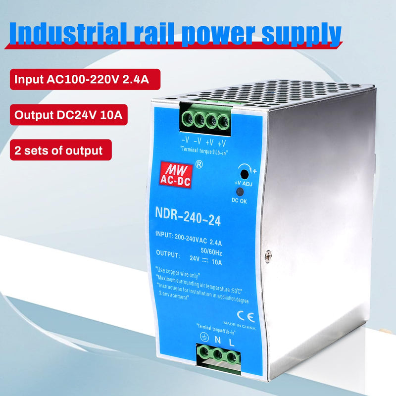 [AUSTRALIA] - 240W DIN Rail Power Supply 24V DIN Rail Switching Power Supply Input AC 100-220V 2.4A Output DC 24V 10A Multiple Protection Functions Industrial Model NDR-240W-24V 240W-10A 