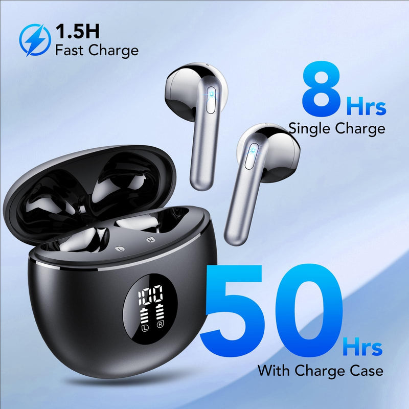 Wireless Earbuds, Bluetooth Headphones 5.4, 50H Playtime LED Display Deep Bass Ear Buds with 4 ENC Noise Cancelling Mic, IP7 Waterproof in-Ear Earphones for Phone Tablet Laptop Sports, Phantom Black