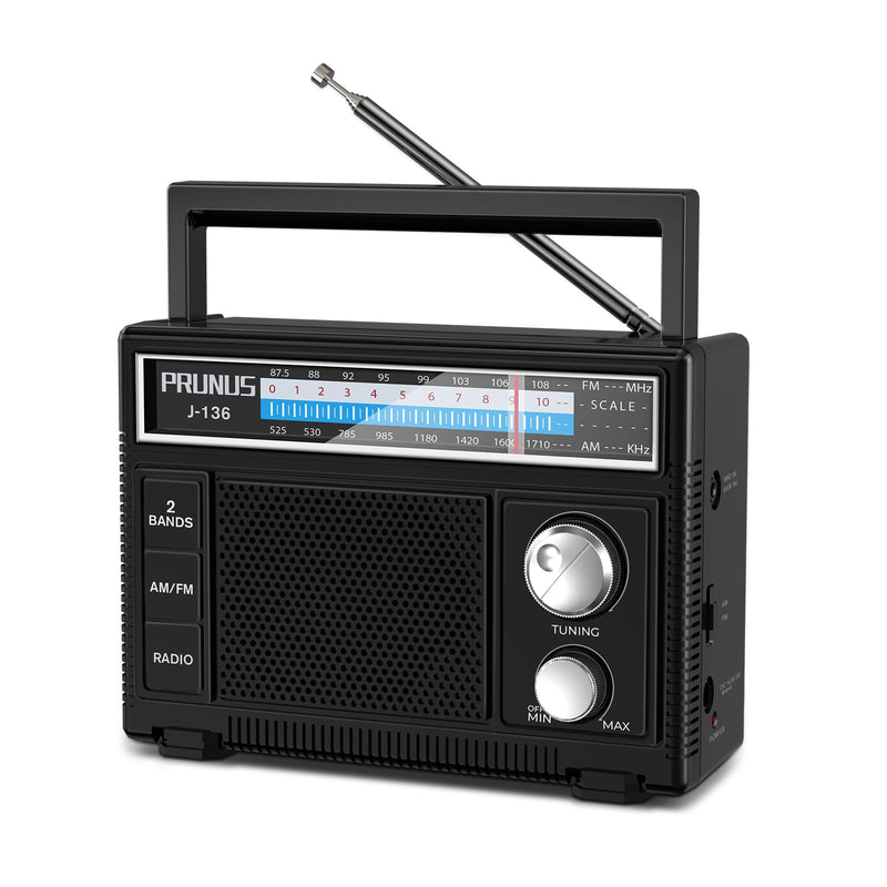 PRUNUS J-136 Portable AM FM Radio with Best Reception,D Battery Operated or Plug in Wall, Transistor Radio,Loud Speaker Support AUX in and Micphone in, Small Radios Portable AM FM, No
