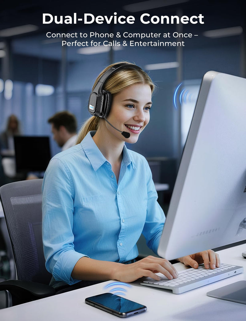 [AUSTRALIA] - Bluetooth Headset, 60Hrs Working Time with Noise Canceling, Trucker Wireless Headset with Mic & Mute, Voice Control, Bluetooth Headphones Multipoint for Truck Driver, Office, CallCenter, Phone/PC Black 