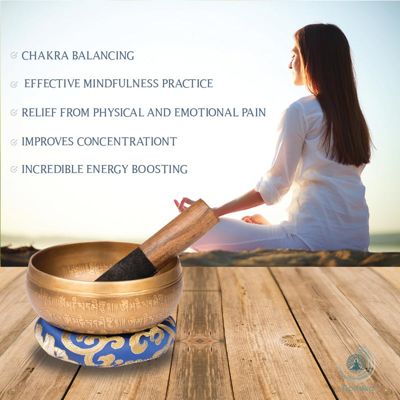 Tibetan Four Buddha Singing Bowl Set- Yoga and Meditation -Handcrafted in Nepal - Sound Healing and Mindfulness chakra bowl- Mantra Engravings, Suede wooden striker - Ideal Spiritual gift