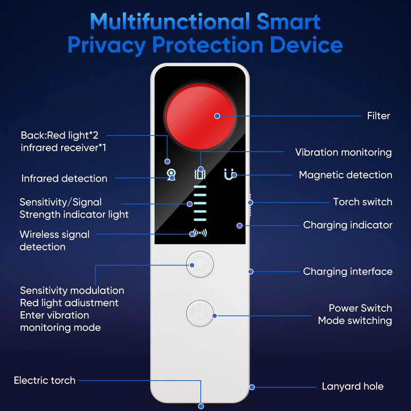 [AUSTRALIA] - Hidden Camera Detector 2025 Anti-Spy Camera Finder with 5 Levels Sensitivity - GPS Tracker Detector - Bug Finder - Emergency Light for Home, Car, Hotel and Office - White 