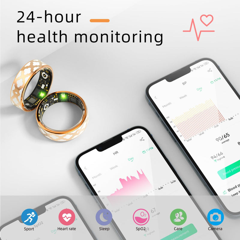 Smart Ring for Women Man, Enamel Flower Pattern Health Tracker Ring, Sleep&Exercise Monitor, IP68 Waterproof Activity Trackers, Fitness Ring with Charging Case and Ring Protector (12#)