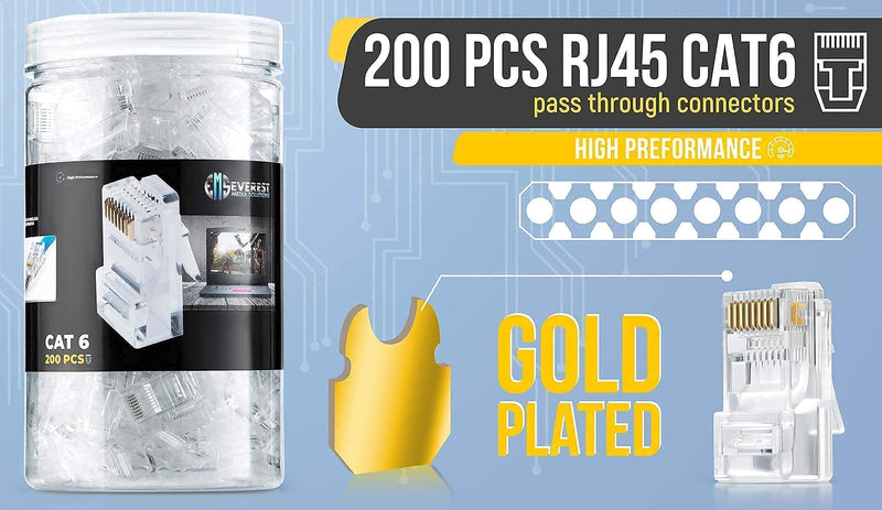 Bundle – 2 items: RJ45 Crimp Tool + 200 Pack of Cat6 Pass Through Connectors.