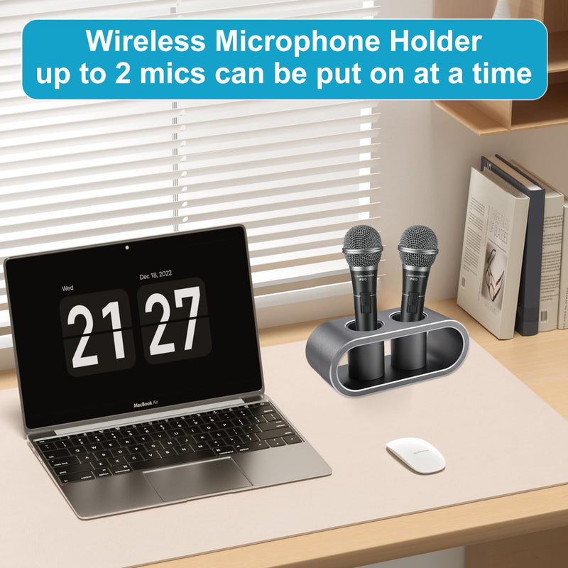 [AUSTRALIA] - Desktop Microphone Storage Holder, Metal Aluminum Alloy Wireless Mic Holder, Hold Up to 2 Microphones, Ideal Tabletop Microphone Holder Organizer and Display(Gray) Gray 